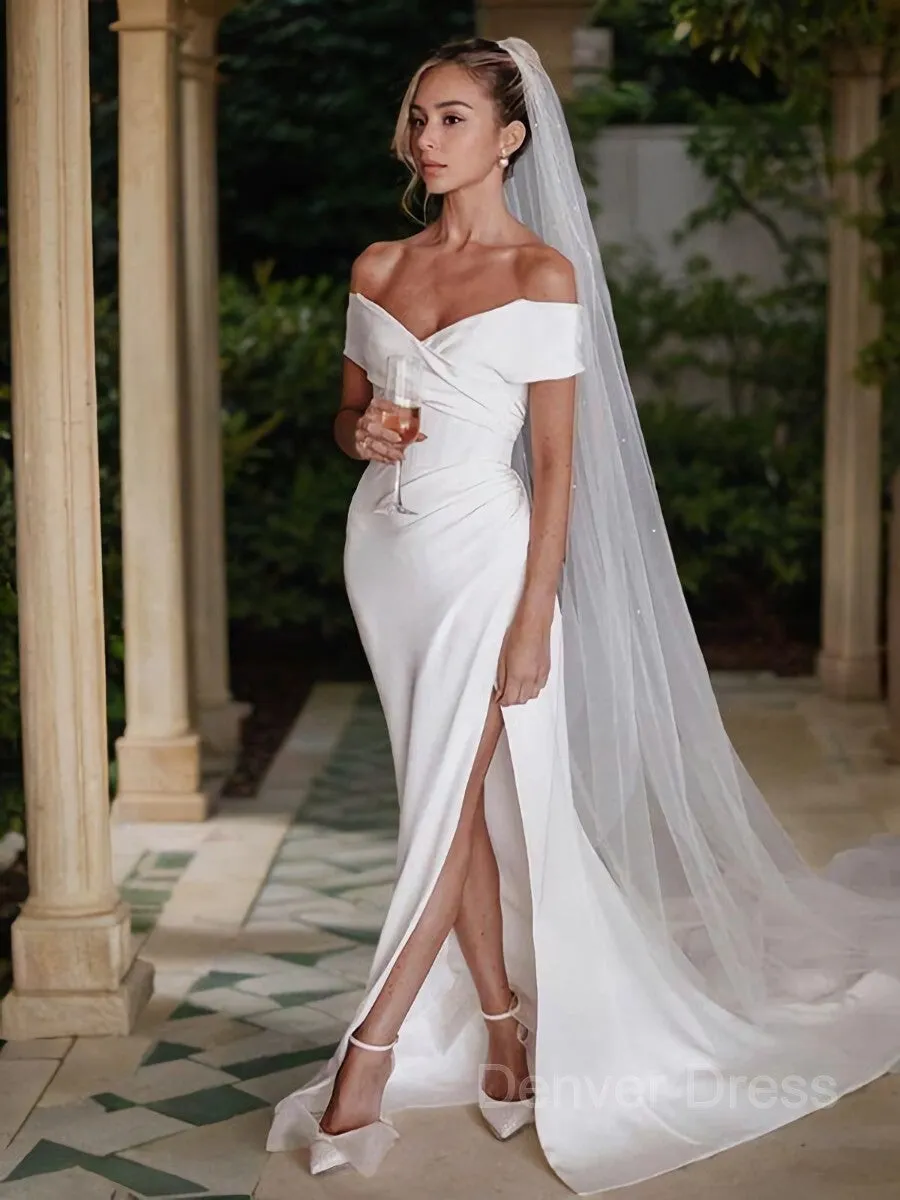 Sheath Off-the-Shoulder Chapel Train Charmeuse Wedding Dresses With Leg Slit