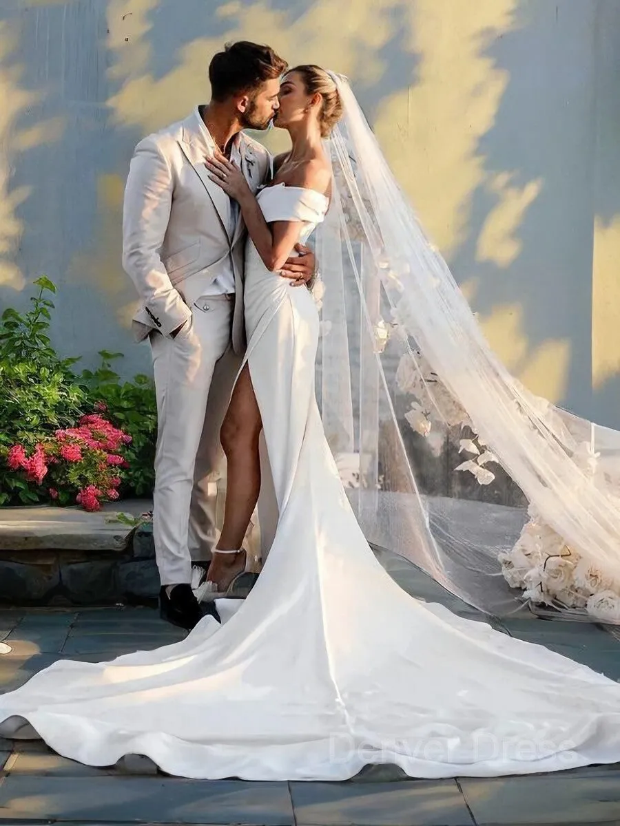 Sheath Off-the-Shoulder Chapel Train Charmeuse Wedding Dresses With Leg Slit