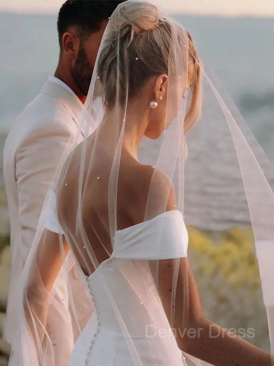 Sheath Off-the-Shoulder Chapel Train Charmeuse Wedding Dresses With Leg Slit