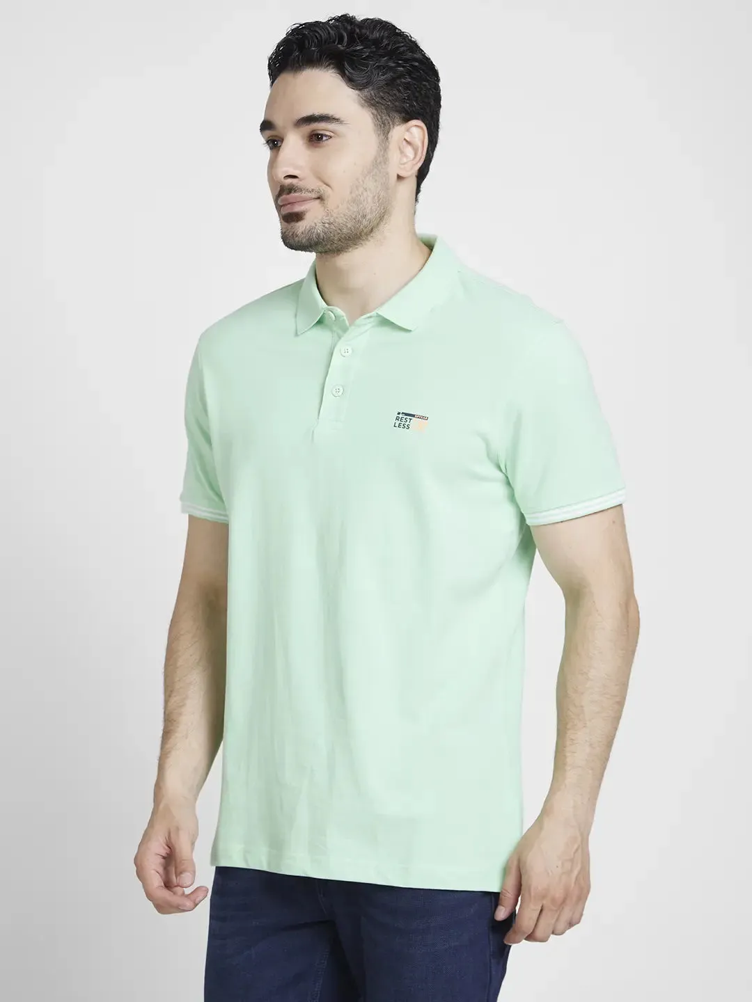 Spykar Men Mint Green Cotton Slim Fit Plain Polo Tshirt