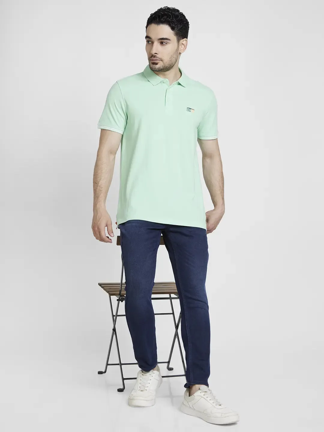 Spykar Men Mint Green Cotton Slim Fit Plain Polo Tshirt