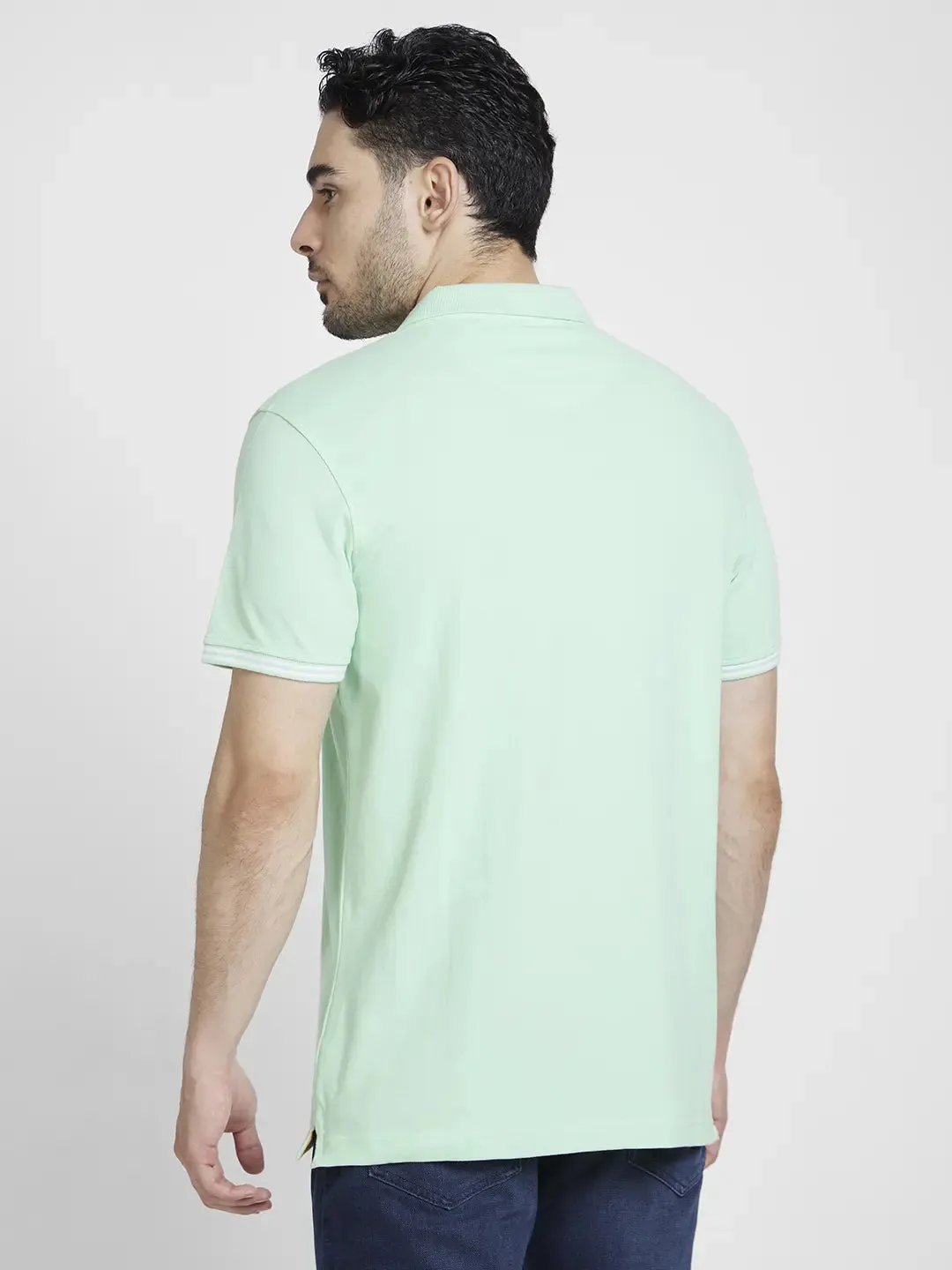 Spykar Men Mint Green Cotton Slim Fit Plain Polo Tshirt