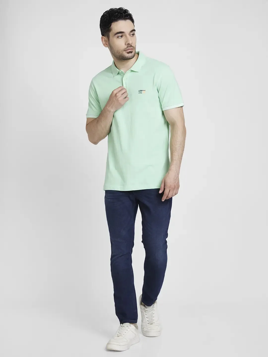 Spykar Men Mint Green Cotton Slim Fit Plain Polo Tshirt